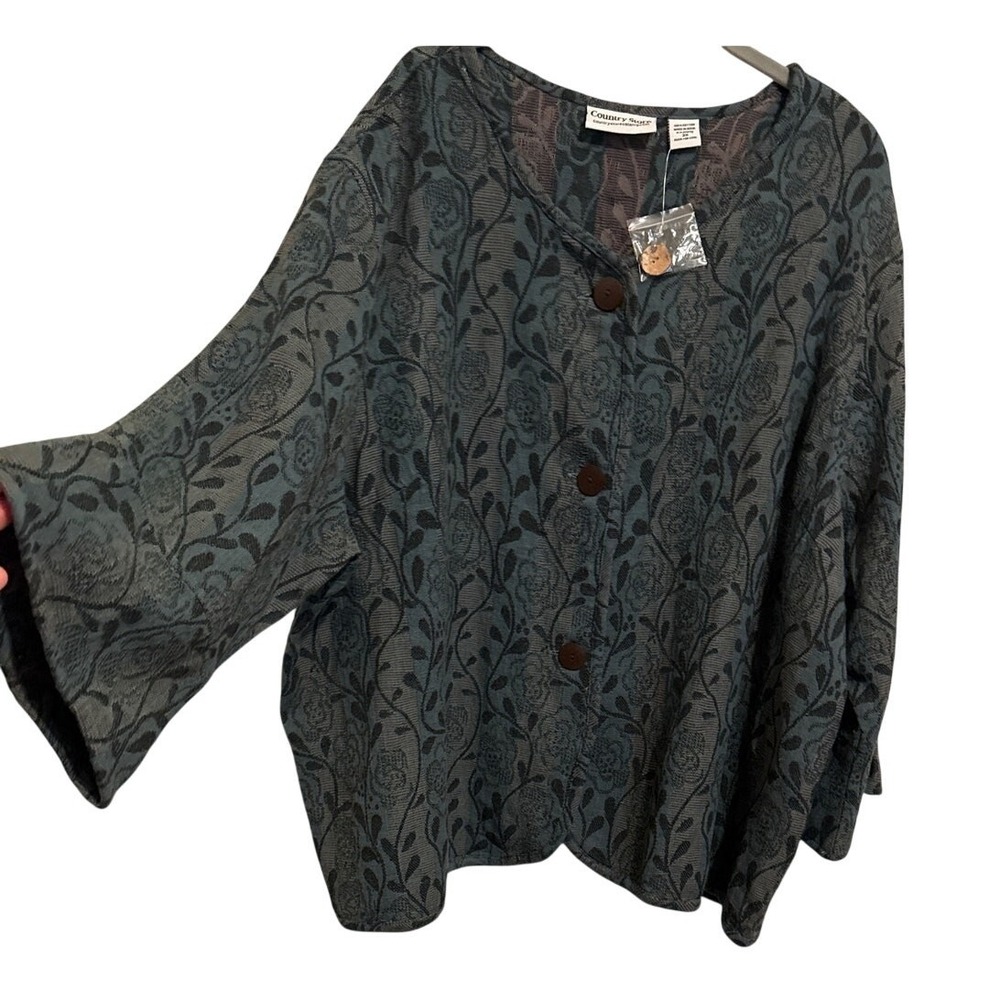 Country Store Button Top Women 3X Green Grey Jacquard Cottagecore Dark Academia